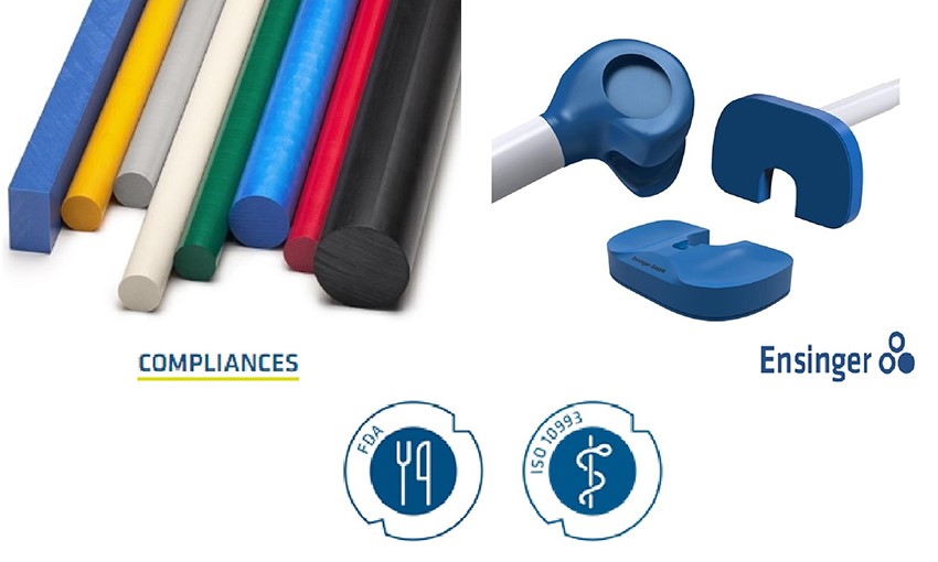 TECASON P MT products by Ensinger, along with the FDA approval and accordance with ISO 10993 emblems.