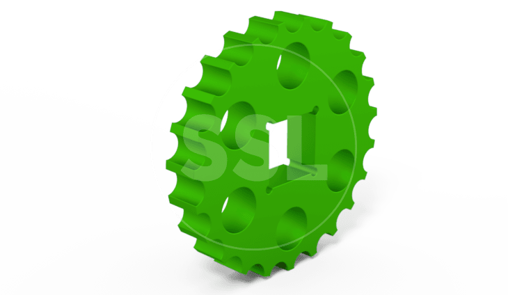 Photorealistic image of a green gear, highlighting its smooth surface and intricate details.