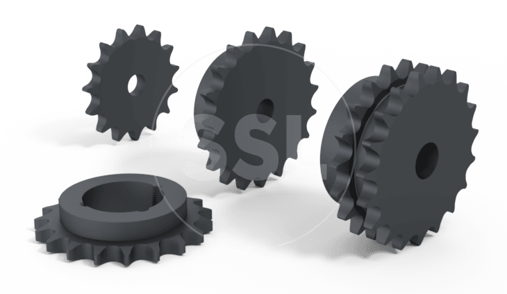 Close-up of black gears with visible teeth, spokes, and hubs, set against a monochromatic background.