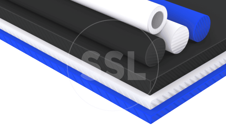 A stack of Acetal POM C & H rods and sheets in various sizes, including white, blue, and black.