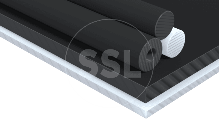 A stack of rigid-pvc rods and sheets in various sizes, including black and white.