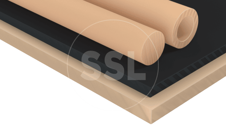 A stack of PPS plastic rods and sheets in various sizes, including shades of brown and black.