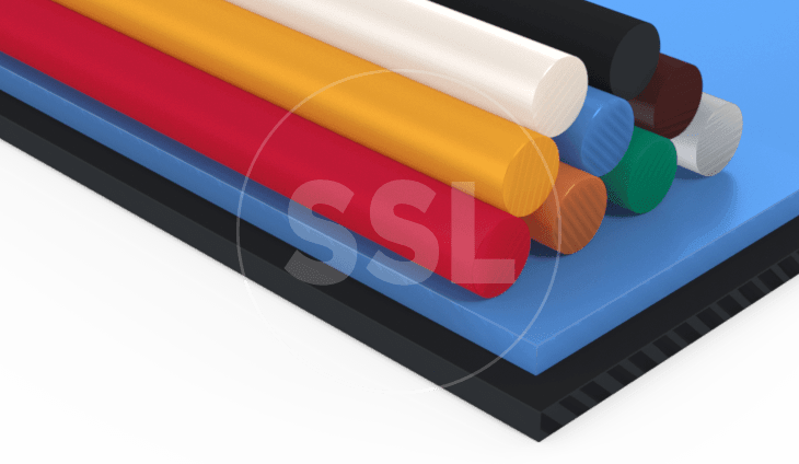 A stack of PPSU plastic rods and sheets in various sizes, including black, white, red, green, brown, yellow, and blue.