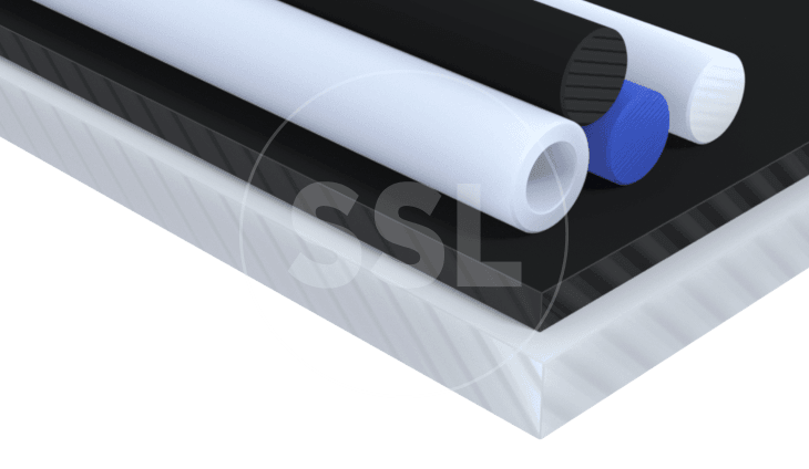 A stack of PTFE Teflon® rods and sheets in various sizes, including black, white, and blue.