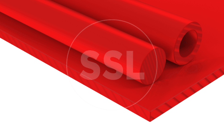 A digital image of Polyurethane PU sheet, rod, and tube in red.