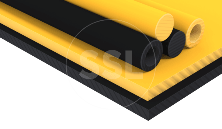 A stack of TORLON PAI rods and sheets in various sizes, including yellow and black.