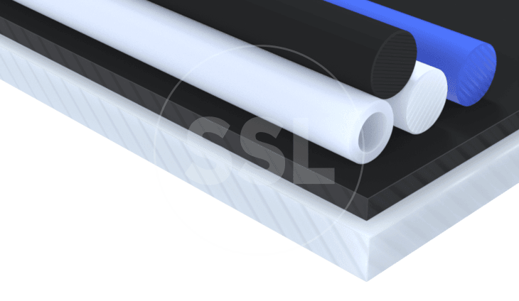 A stack of rigid-pvc rods and sheets in various sizes, including black, white, and blue.