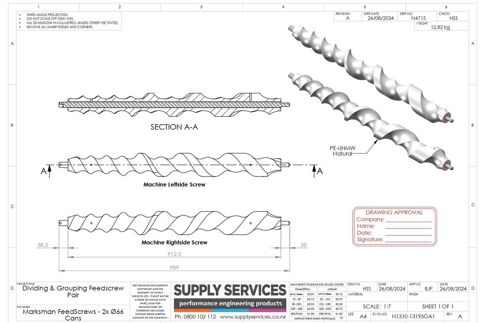 Feed screw drawings demonstrate Supply Services’ ability to create custom designs for clients.