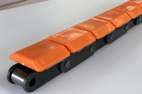 Orange Polyethylene capped chains allow product to slide easily without causing damage.