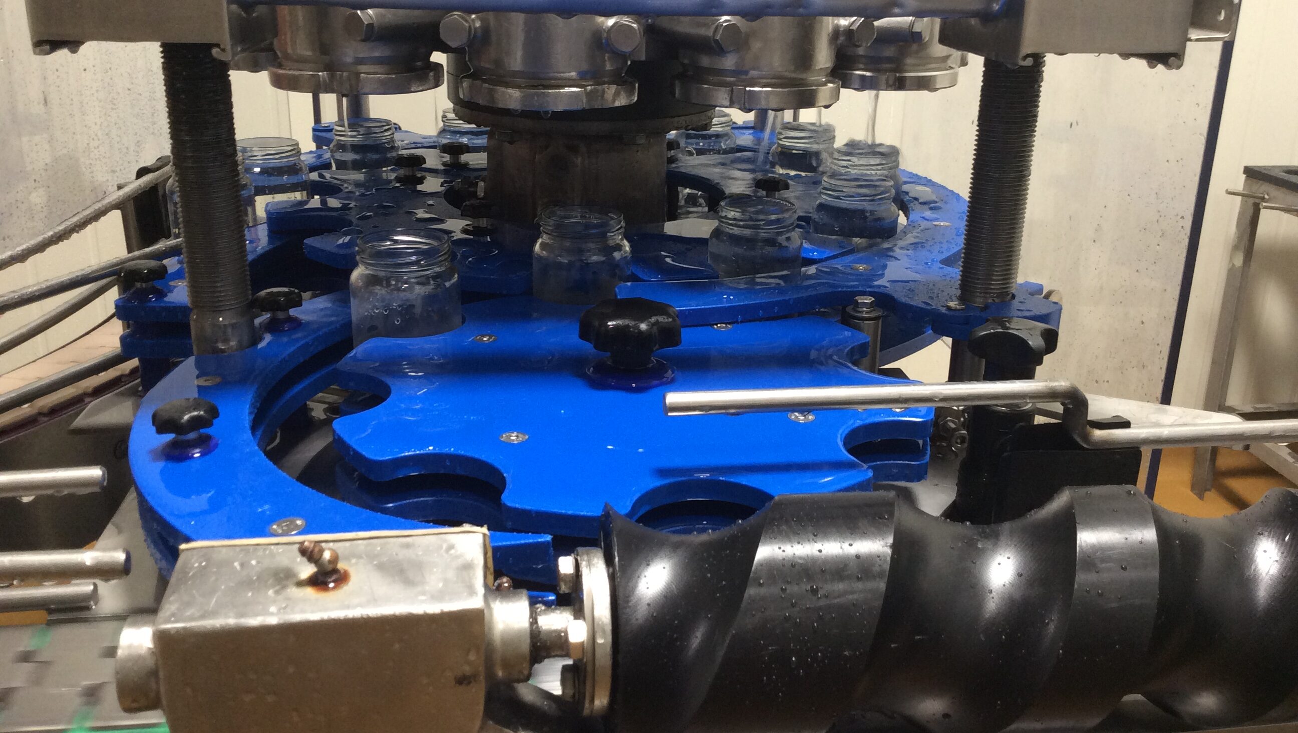 A timing screw feeds bottles to a filling station on a production line.