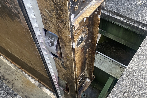 Intake gate showing the wheels able to turn freely to easily open and close the gate.