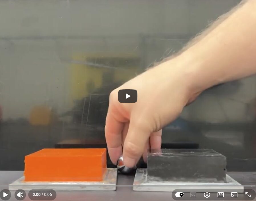 Blocks of Norzorb and standard Urethane to test impact absorption with link to video.